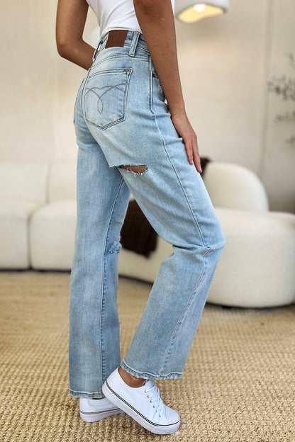 Judy Blue Full Size High Waist Distressed Straight Jeans - Jeans - FITGGINS