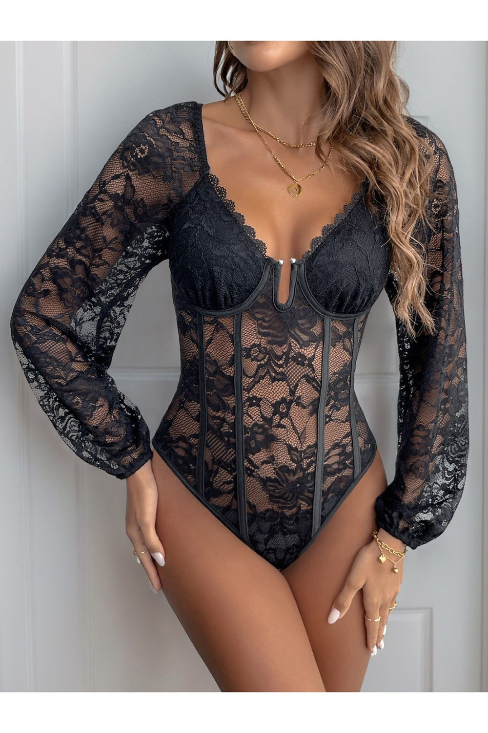 Perfee Lace V-Neck Long Sleeve Bodysuit - Bodysuit - FITGGINS