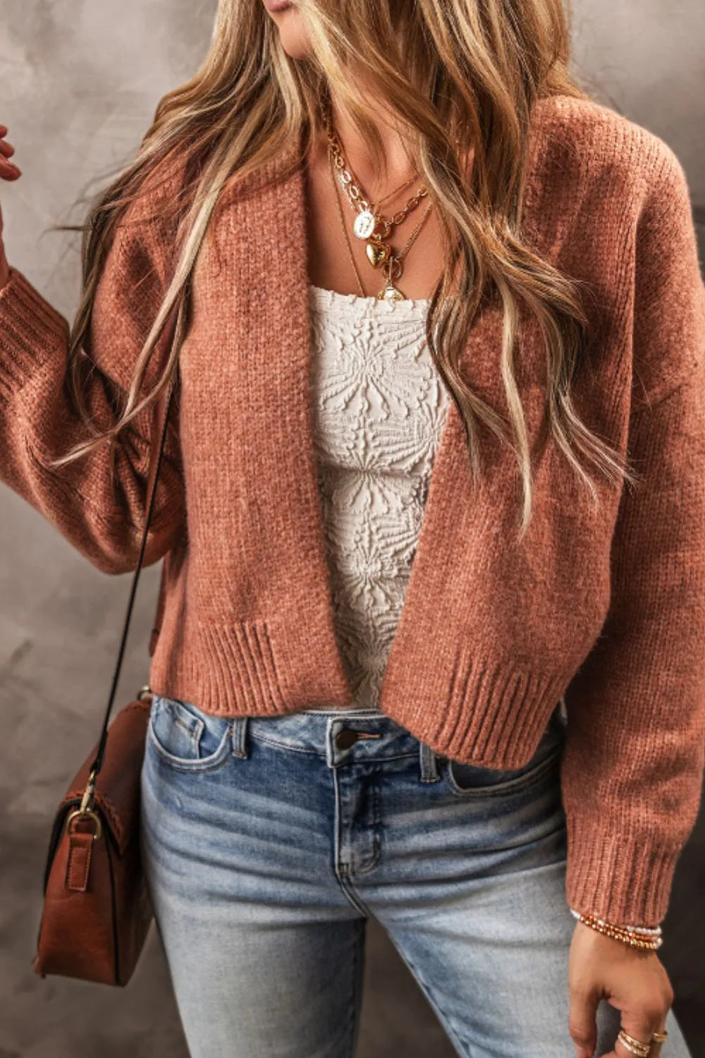 Slit Open Front Dropped Shoulder Cardigan Burnt Coral Fitggins