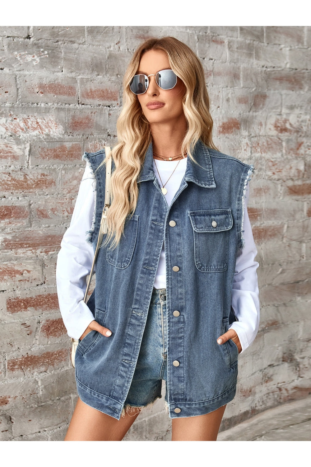 Raw Hem Sleeveless Button Up Denim Jacket - Denim Jackets - FITGGINS