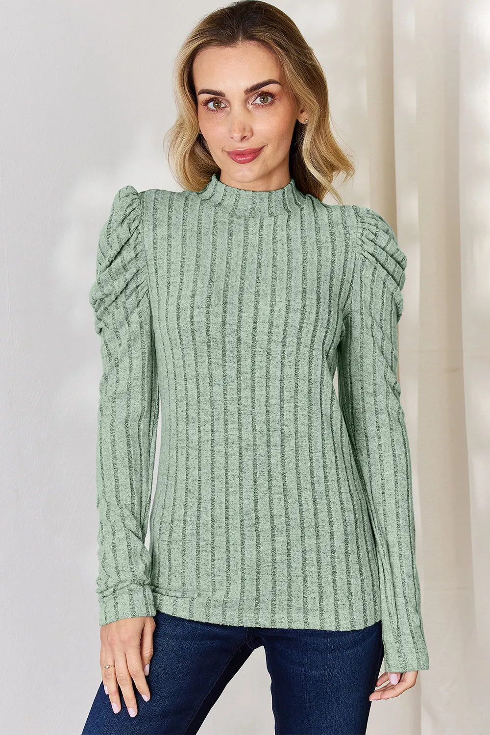 Basic Bae Full Size Ribbed Mock Neck Puff Sleeve T-Shirt Light Green Fitggins