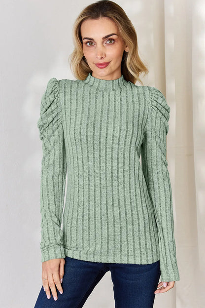 Basic Bae Full Size Ribbed Mock Neck Puff Sleeve T-Shirt Light Green Fitggins