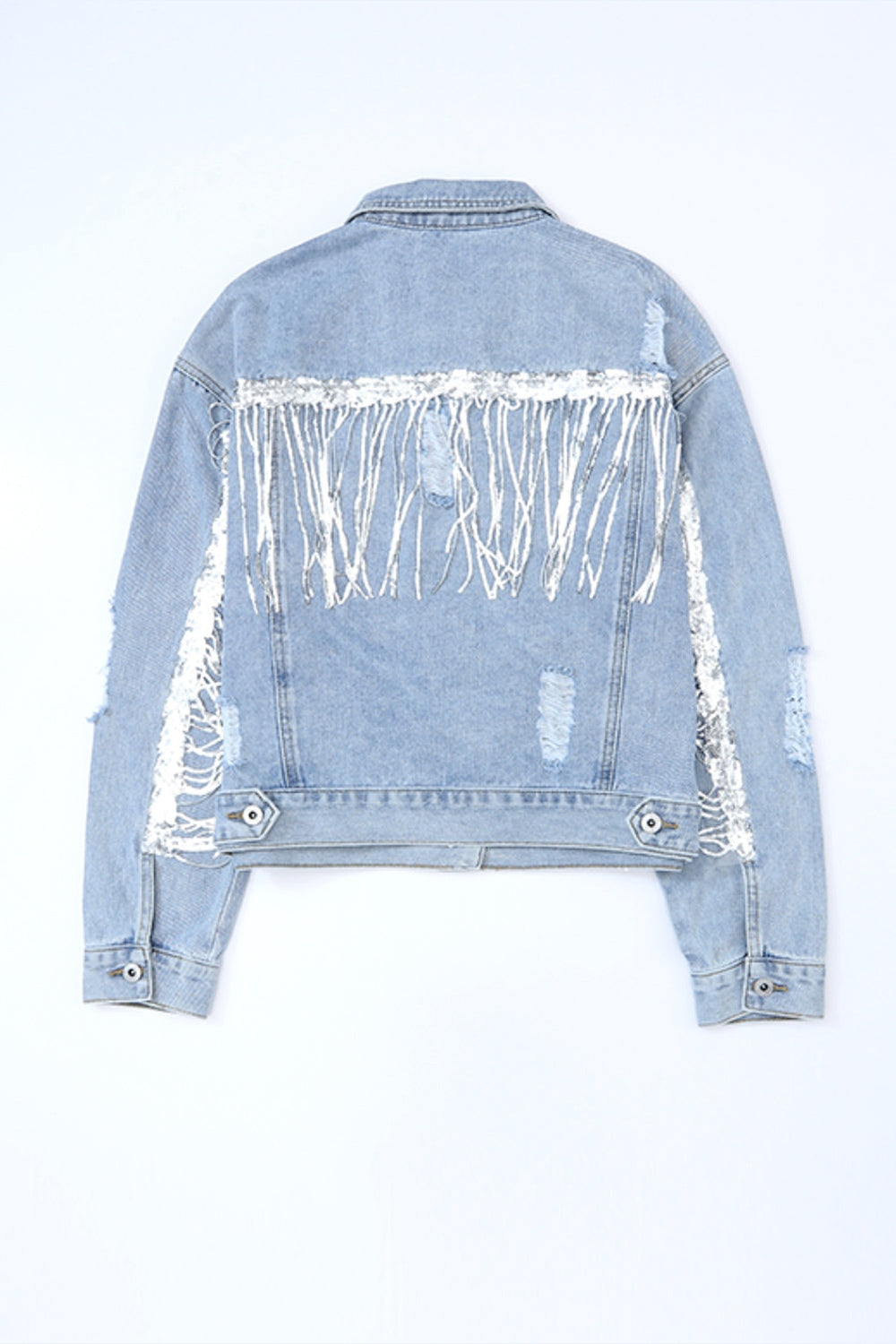 Sequin Fringe Trim Distressed Button Up Denim Jacket - Denim Jackets - FITGGINS