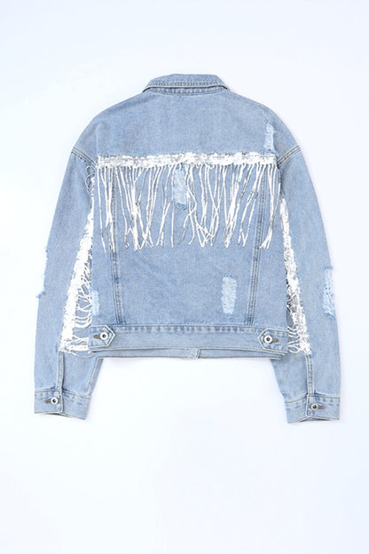 Sequin Fringe Trim Distressed Button Up Denim Jacket - Denim Jackets - FITGGINS