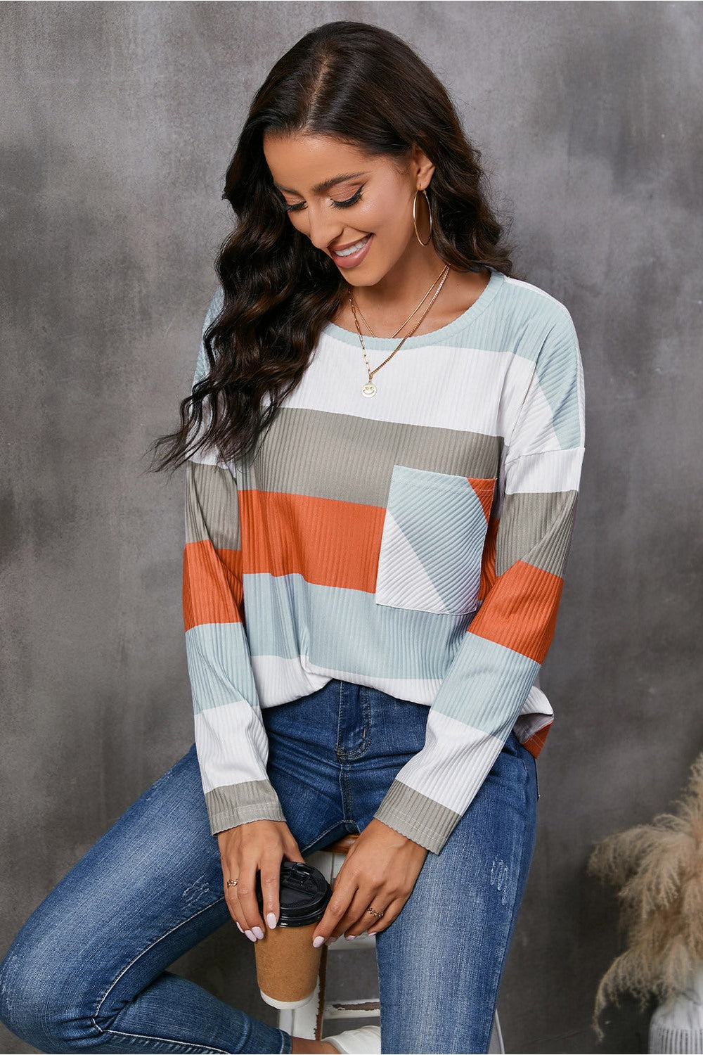 Wide Stripe Top with Pocket - Blouses - FITGGINS