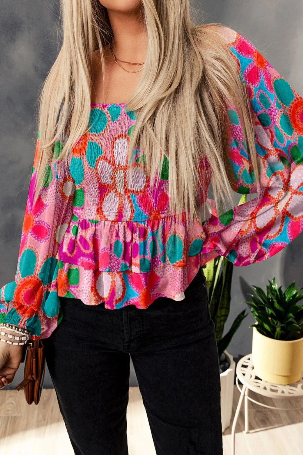 Floral Smocked Ruffled Balloon Sleeve Blouse Fitggins