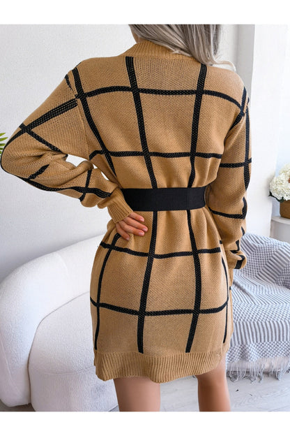 Plaid Round Neck Dropped Shoulder Sweater Dress - Sweater Dresses - FITGGINS