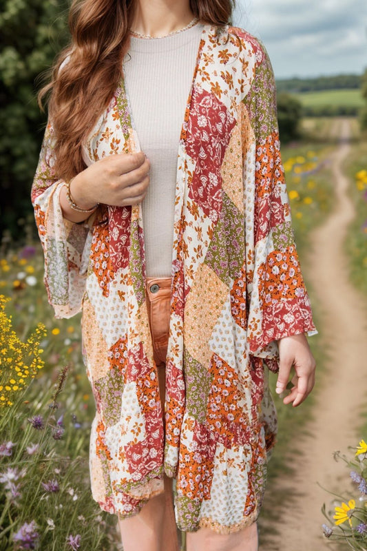 Printed Open Front Long Sleeve Cover-Up - Cardigans - FITGGINS