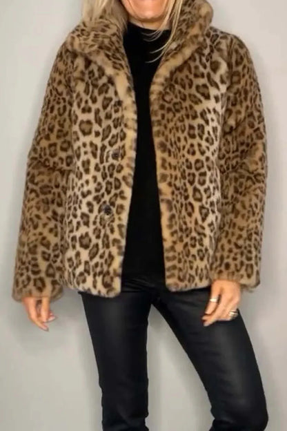 Full-Size Leopard Furry Collared Long-Sleeve Coat Camel Fitggins