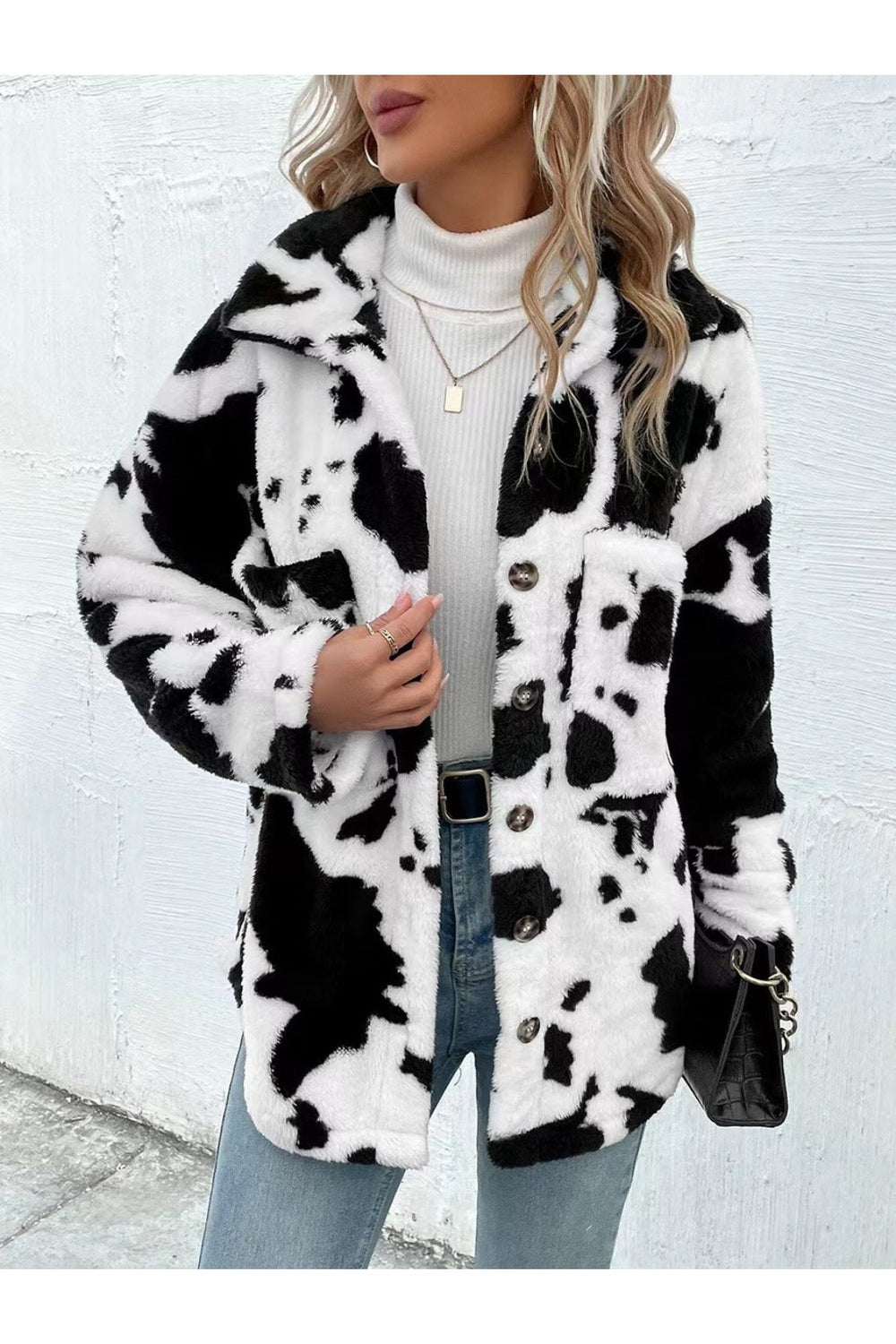 Cow Print Collared Neck Button Up Fuzzy Jacket - Jackets - FITGGINS