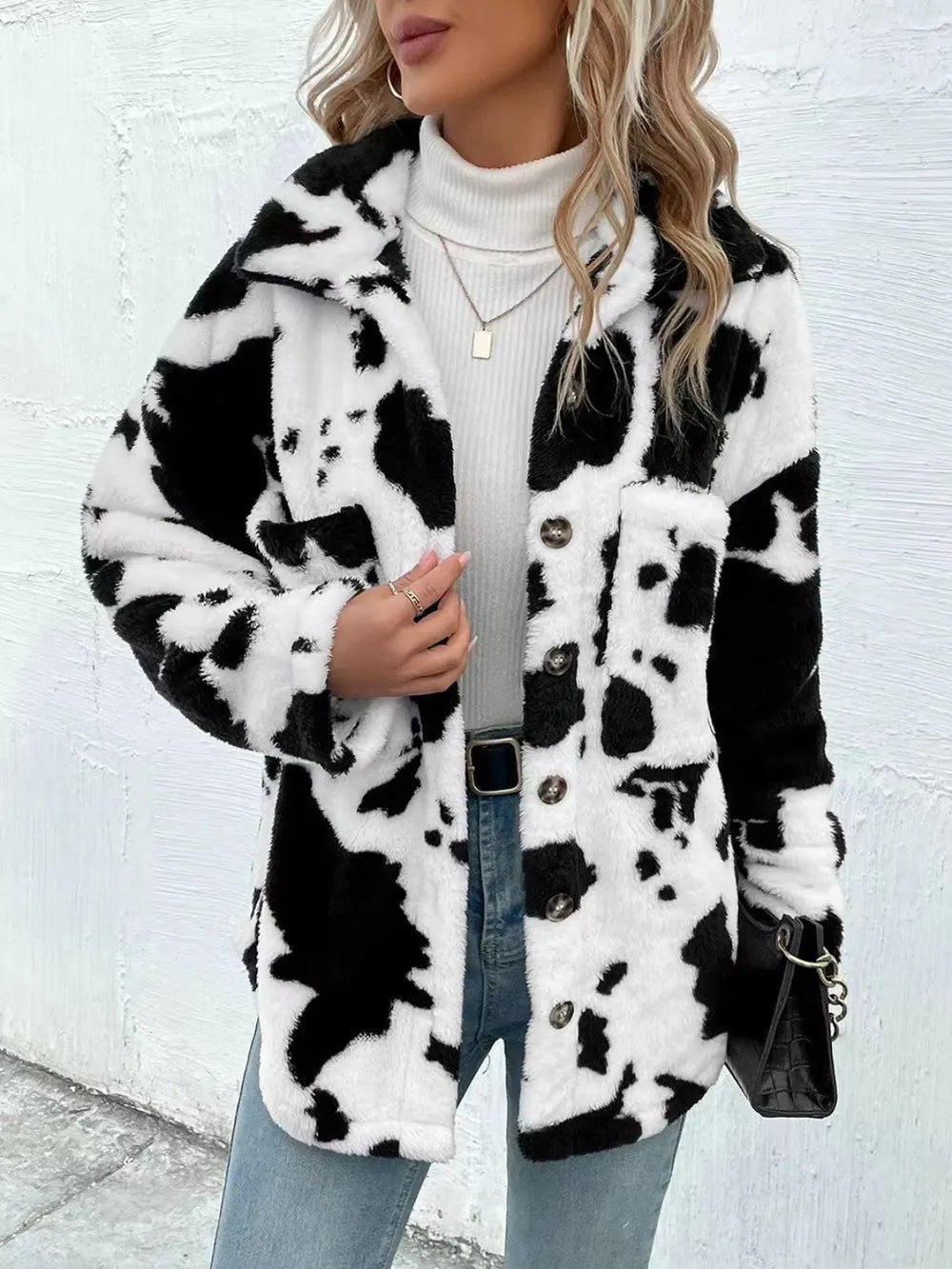 Cow Print Collared Neck Button-Up Fuzzy Jacket Fitggins