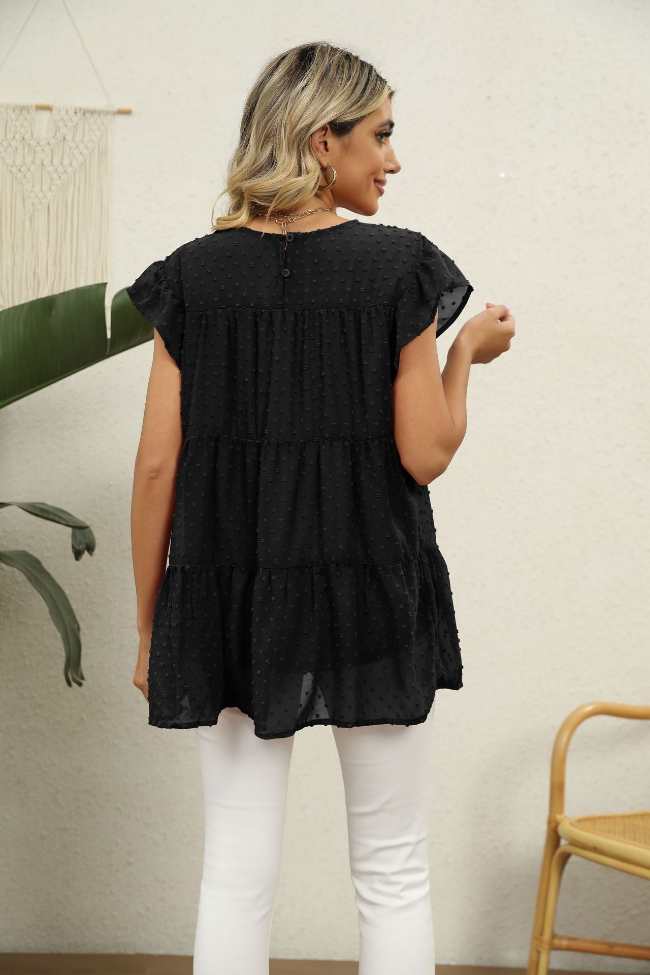 Swiss Dot Round Neck Tiered Blouse Fitggins