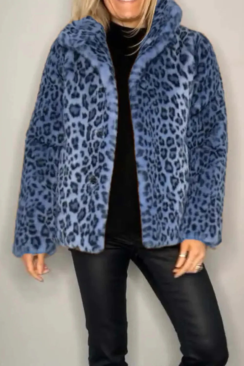 Full-Size Leopard Furry Collared Long-Sleeve Coat Royal Blue Fitggins