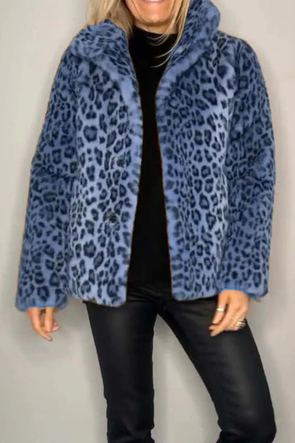 Full-Size Leopard Furry Collared Long-Sleeve Coat Royal Blue Fitggins