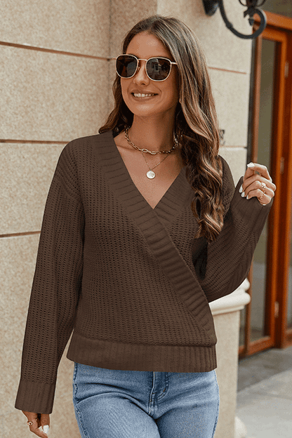 Surplice Neck Long Sleeve Sweater Brown Fitggins
