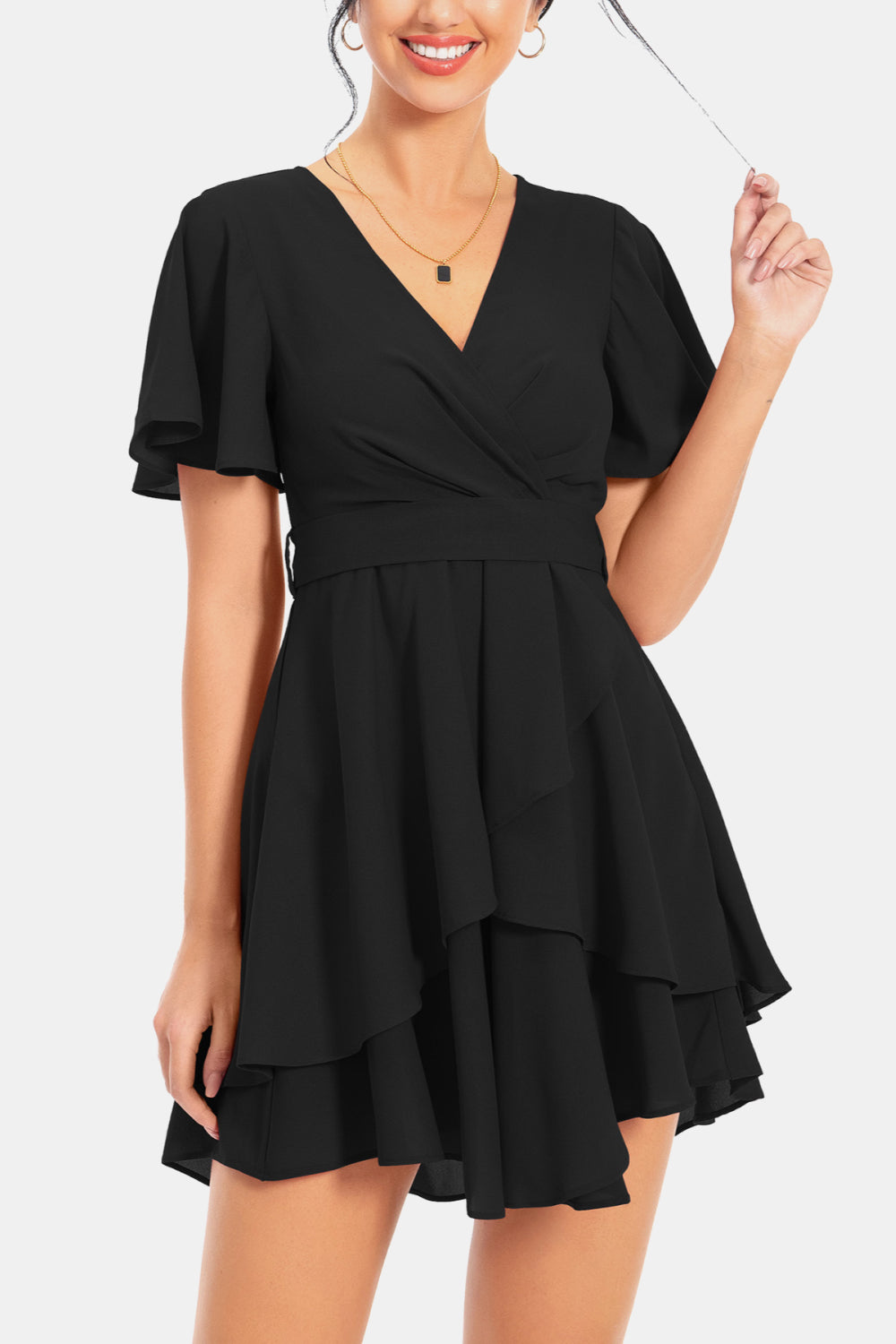 Surplice Neck Flutter Sleeve Dress - Casual & Maxi Dresses - FITGGINS