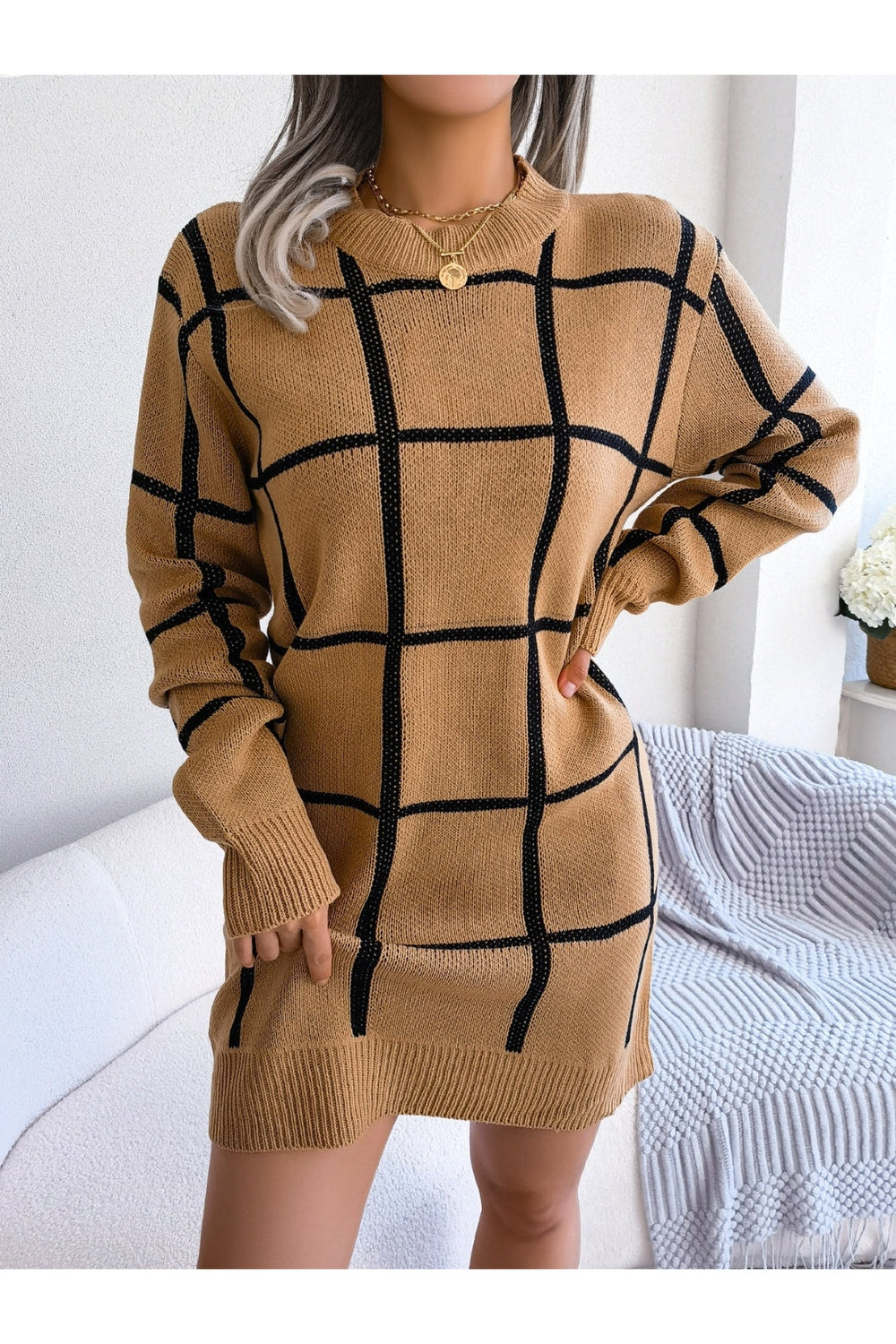 Plaid Round Neck Dropped Shoulder Sweater Dress - Sweater Dresses - FITGGINS