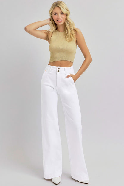 RISEN Full Size Tummy Control Double Button Wide Leg Jeans - Jeans - FITGGINS