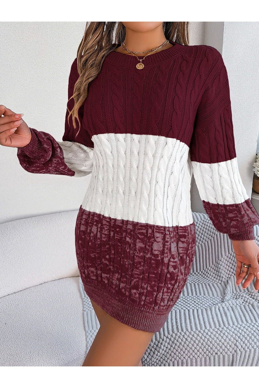 Cable-Knit Round Neck Color Block Sweater Dress - Sweater Dresses - FITGGINS