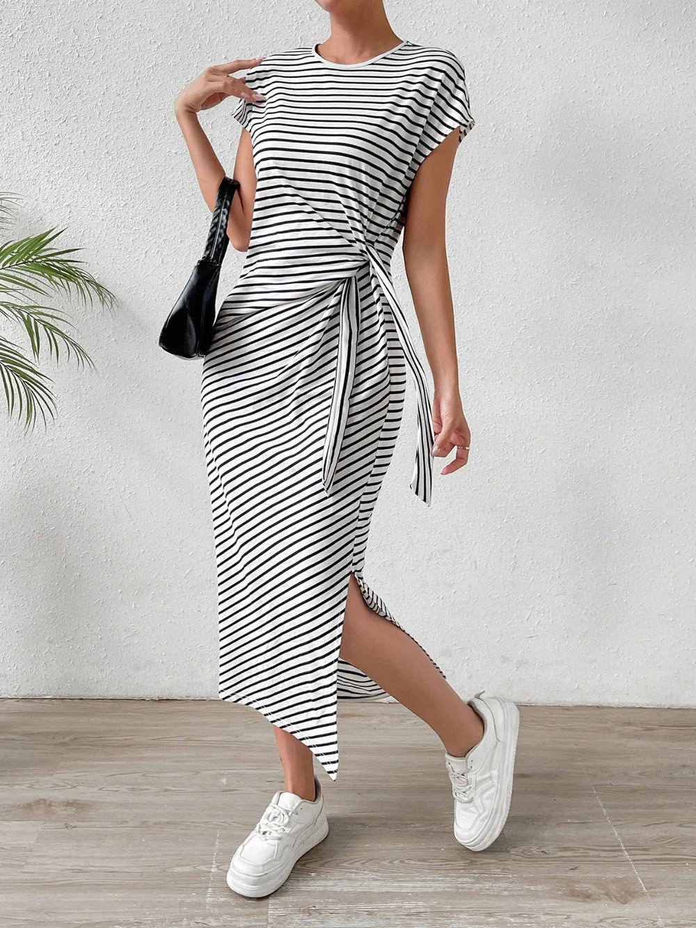Honey Tied Striped Round Neck Short Sleeve Tee Dress Fitggins