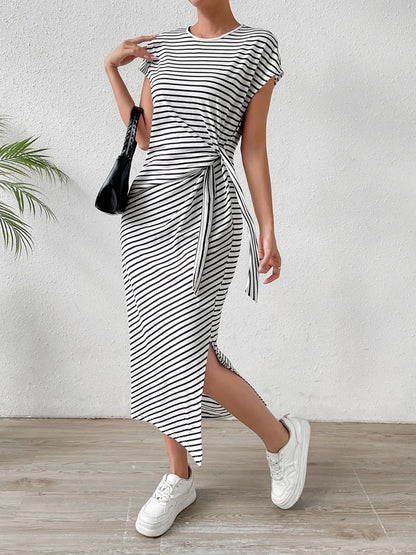 Honey Tied Striped Round Neck Short Sleeve Tee Dress Fitggins