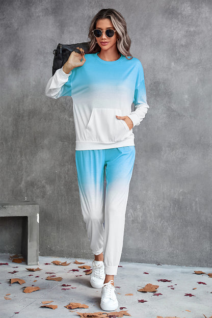 Gradient Round Neck Sweatshirt and Joggers Set - Active Set - FITGGINS