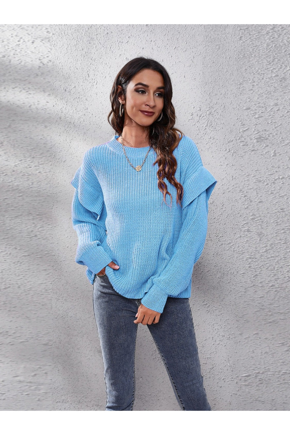 Ruffled Round Neck Dropped Shoulder Sweater - Pullover Sweaters - FITGGINS