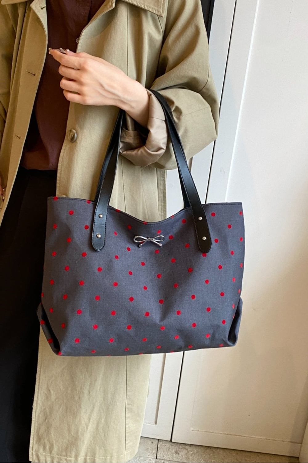 Polyester Bow Polka Dot Tote Bag - Handbag - FITGGINS