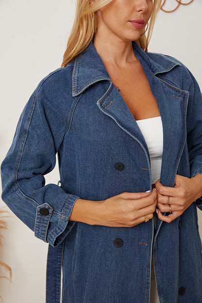 Double-Breasted Belted Longline Denim Jacket - Denim Jackets - FITGGINS