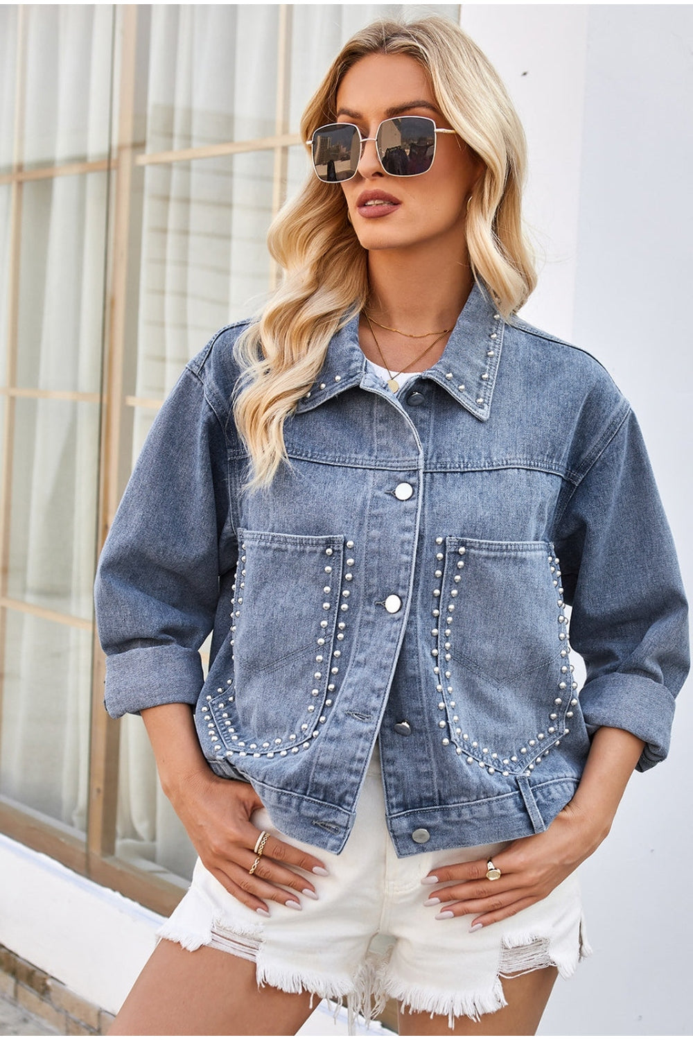 Studded Long Sleeve Denim Jacket - Denim Jackets - FITGGINS