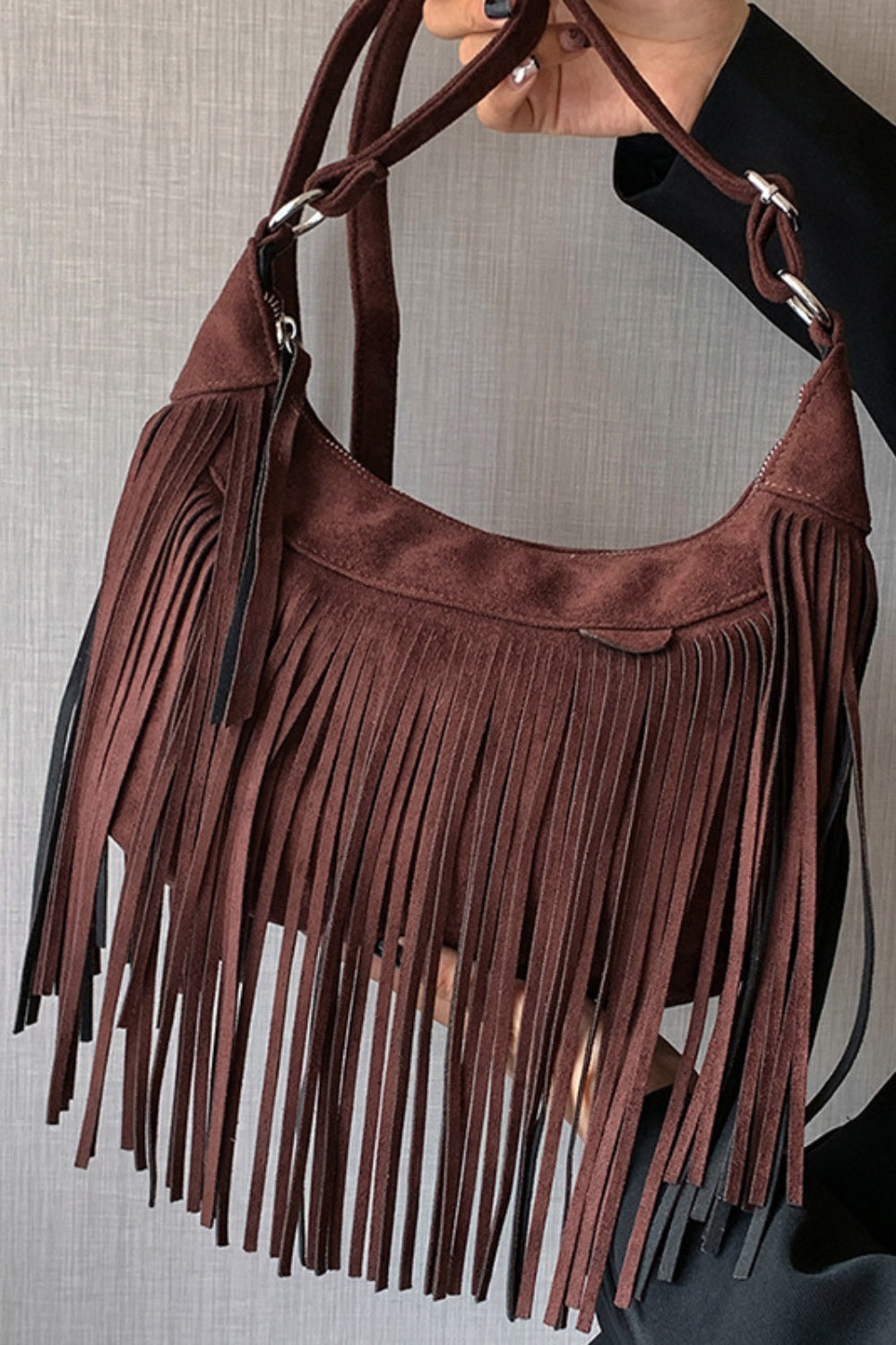 Suede Fringe Adjustable Strap Shoulder Bag - Handbag - FITGGINS