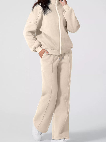 Drop Shoulder Zip Up Jacket and Drawstring Pants Active 2pcs Set Fitggins