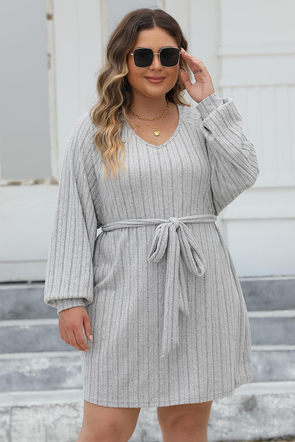 Plus Size Ribbed Tie Front Long Sleeve Sweater Dress - Sweater Dresses - FITGGINS