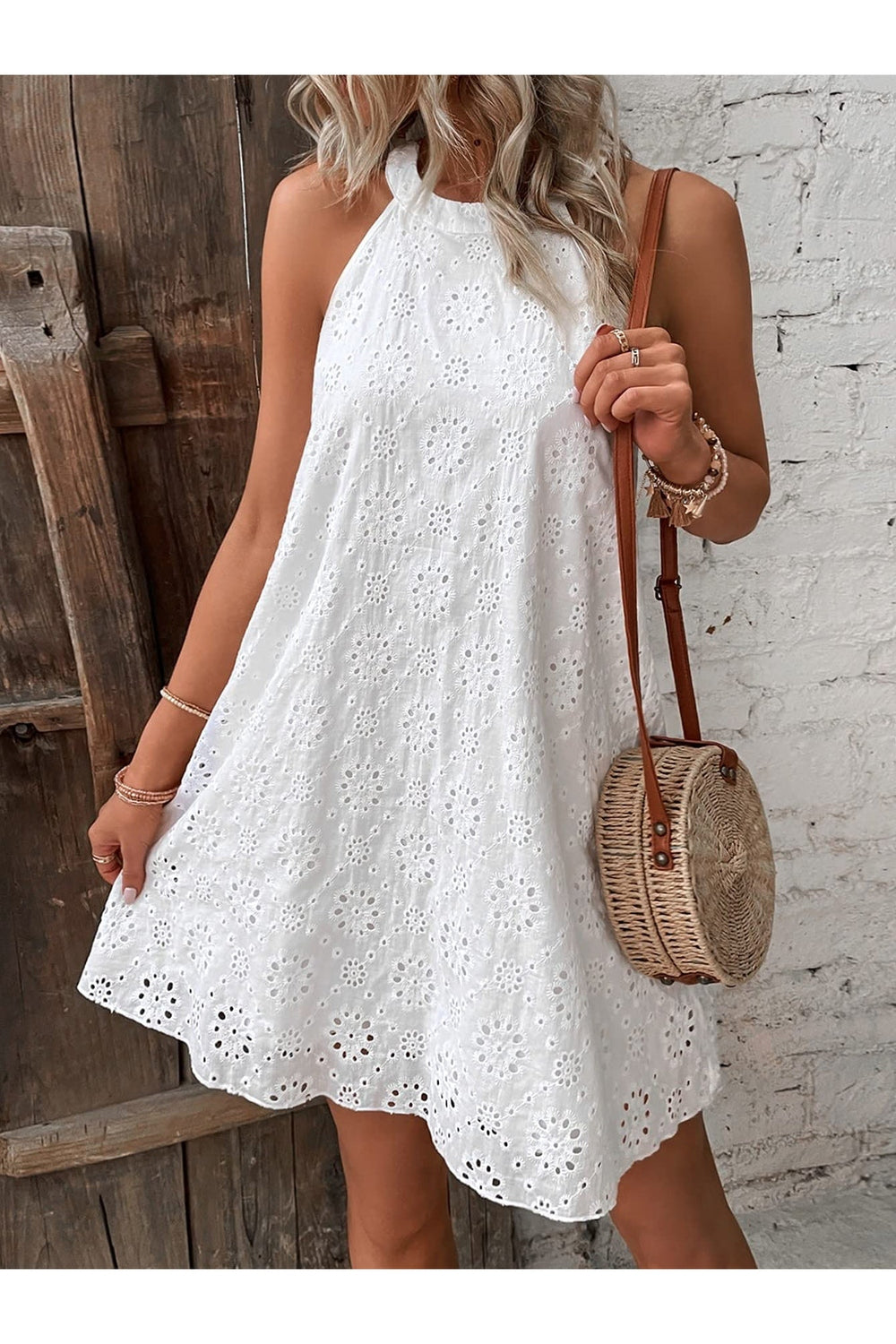 Eyelet Grecian Neck Mini Dress - Casual & Maxi Dresses - FITGGINS