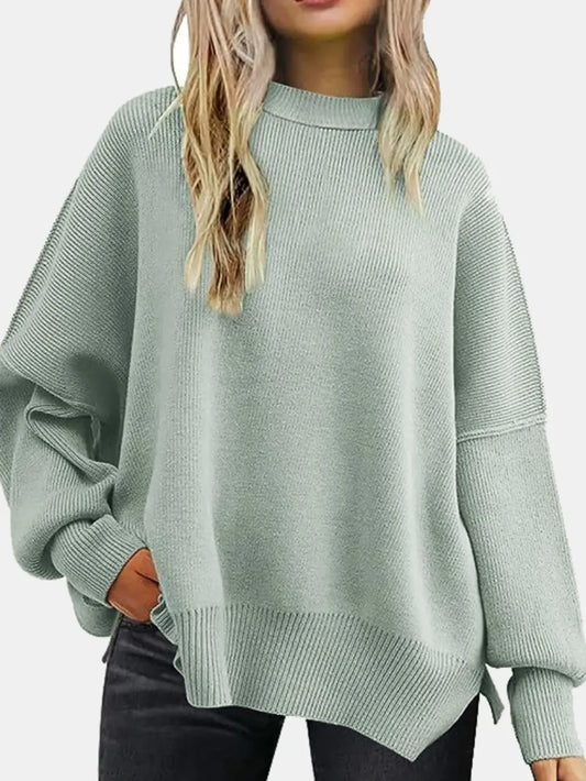 Round Neck Drop Shoulder Slit Sweater Sage Fitggins