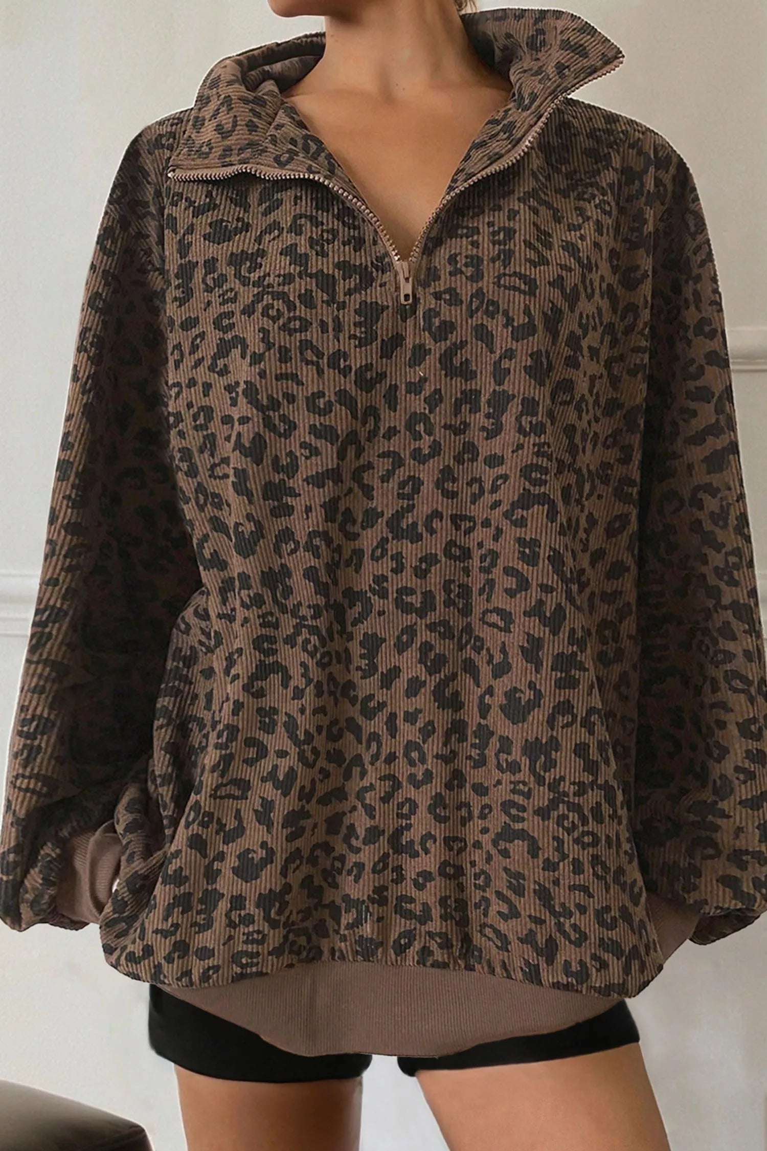 Leopard Print Quarter Zip Corduroy Sweatshirt Fitggins