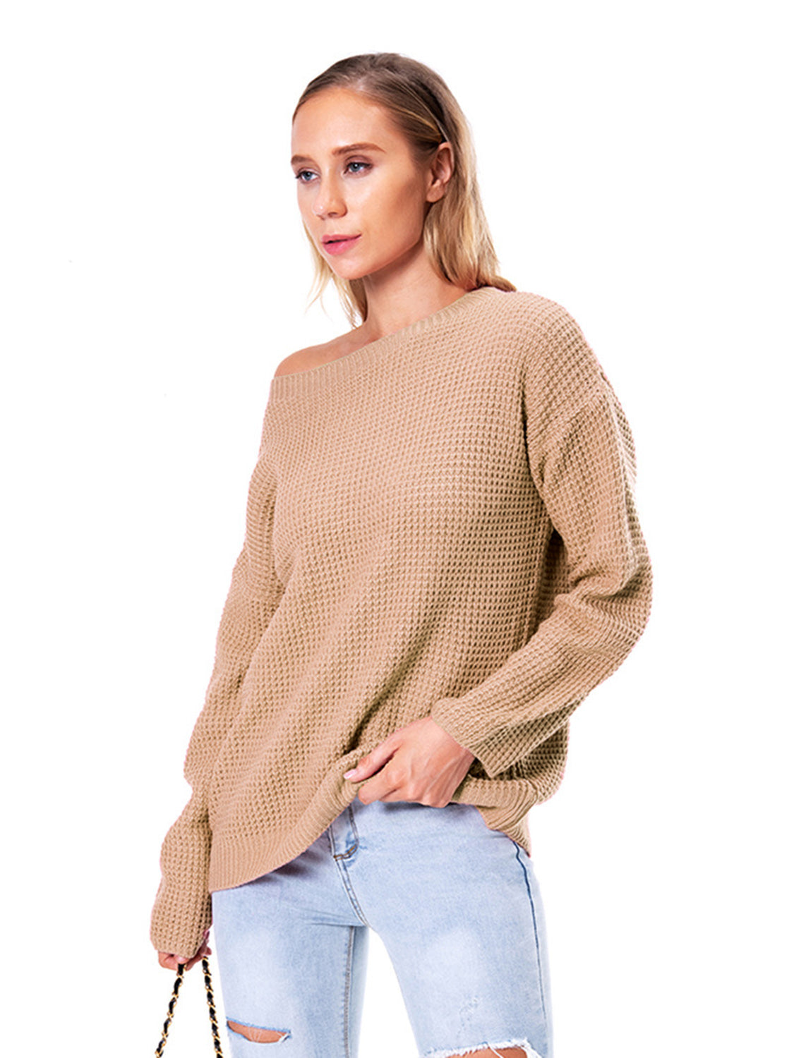 Boat Neck Drop Shoulder Long Sleeve Sweater Fitggins