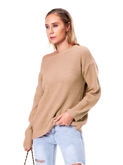 Boat Neck Drop Shoulder Long Sleeve Sweater Fitggins