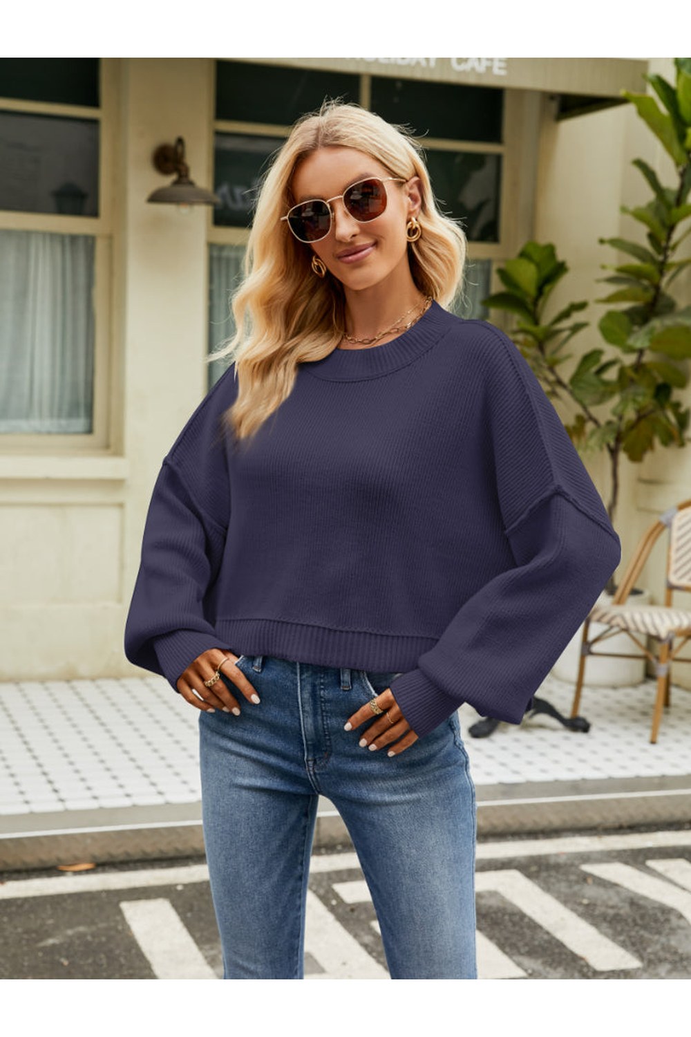 Round Neck Lantern Sleeve Sweater - Pullover Sweaters - FITGGINS