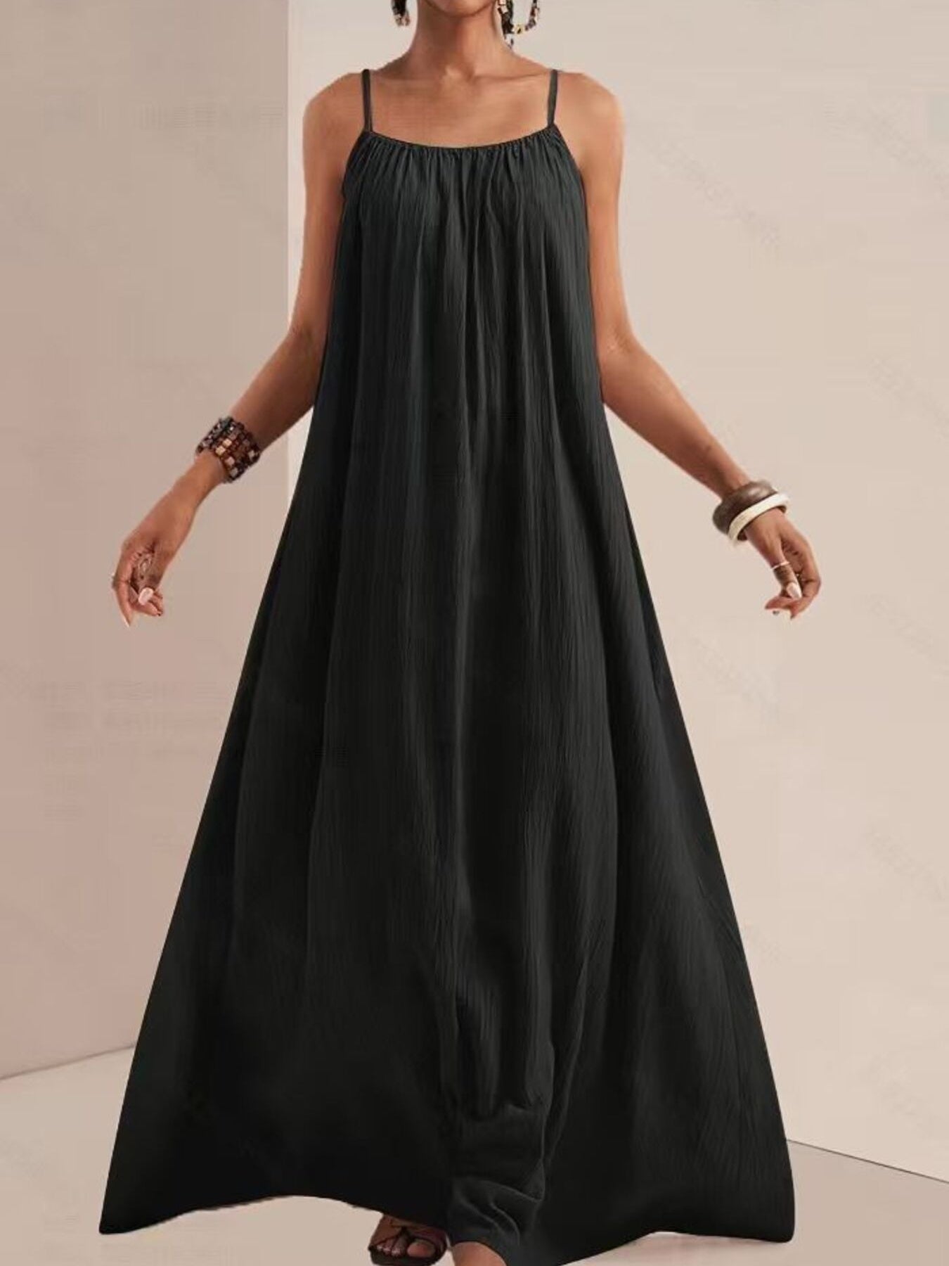 Spaghetti Strap Flowy Maxi Dress Black Fitggins