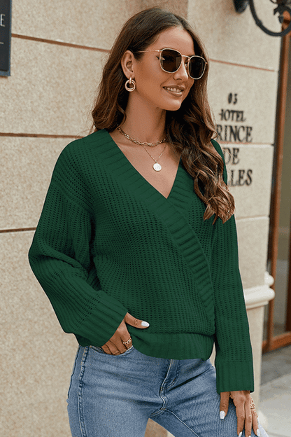 Surplice Neck Long Sleeve Sweater Dark Green Fitggins