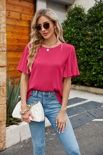 Pleated Flutter Sleeve Round Neck Blouse Deep Rose Fitggins