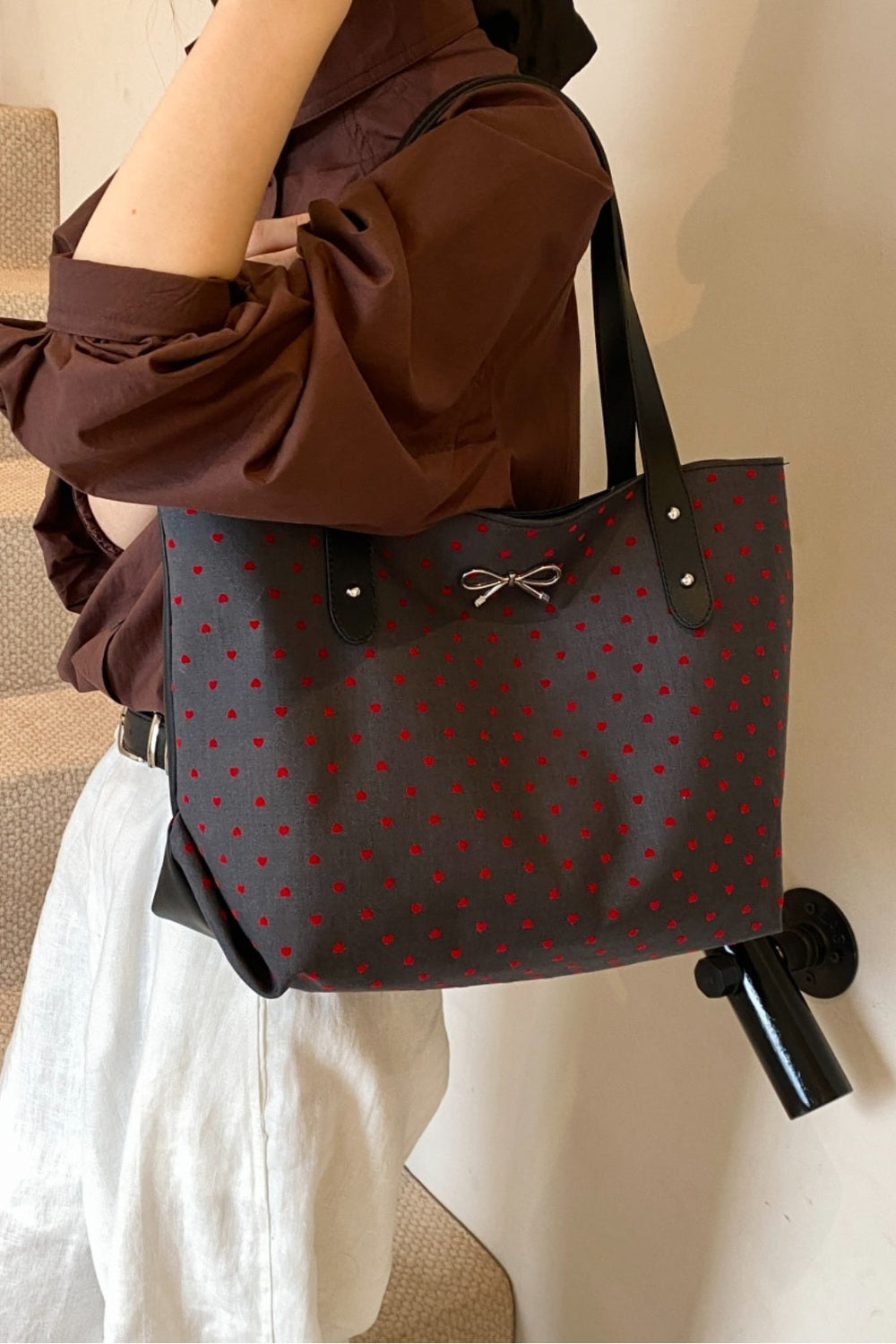 Polyester Bow Polka Dot Tote Bag - Handbag - FITGGINS