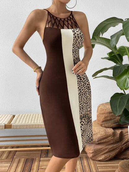 Ivy Lane Leopard Color Block Cutout Sleeveless Knee-Length Dress Chocolate Fitggins