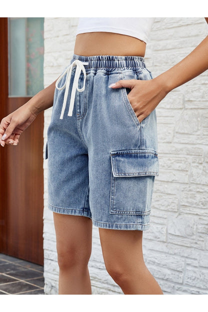 Drawstring Denim Shorts with Pockets - Denim Shorts - FITGGINS