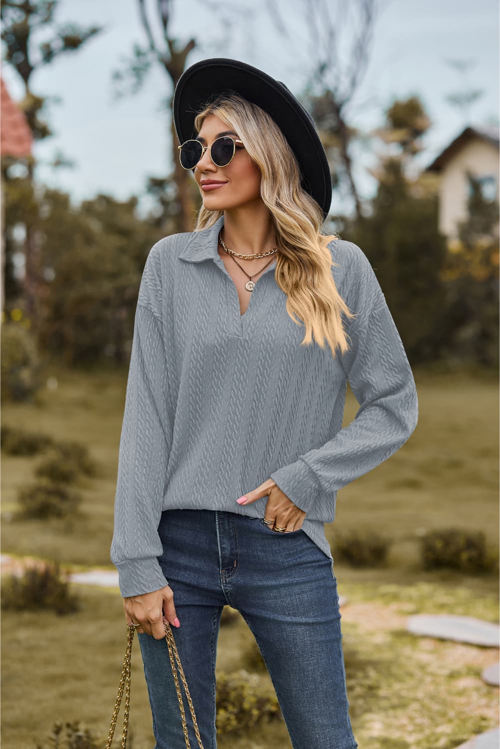 Collared Neck Cable-Knit Long Sleeve Blouse Fitggins