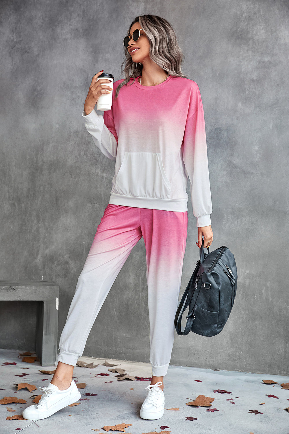 Gradient Round Neck Sweatshirt and Joggers Set - Active Set - FITGGINS