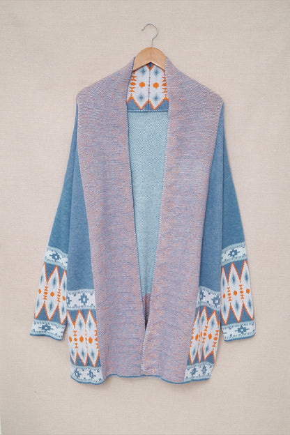 Geometric Open Front Long Sleeve Cardigan - Cardigans - FITGGINS