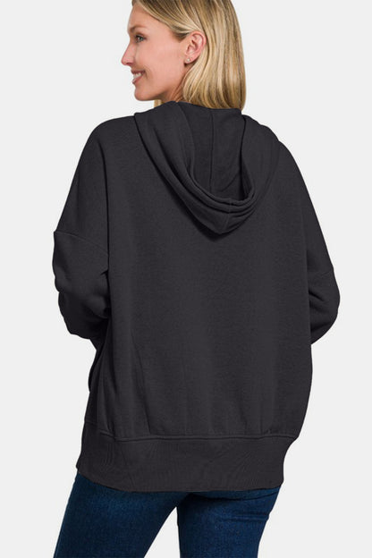 Zenana Half Snap Long Sleeve Hoodie with Kangaroo Pocket - Sweatshirts & Hoodies - FITGGINS