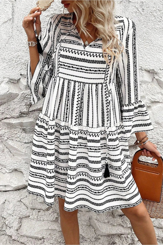 Printed Tie Neck Three-Quarter Sleeve Mini Dress - Casual & Maxi Dresses - FITGGINS